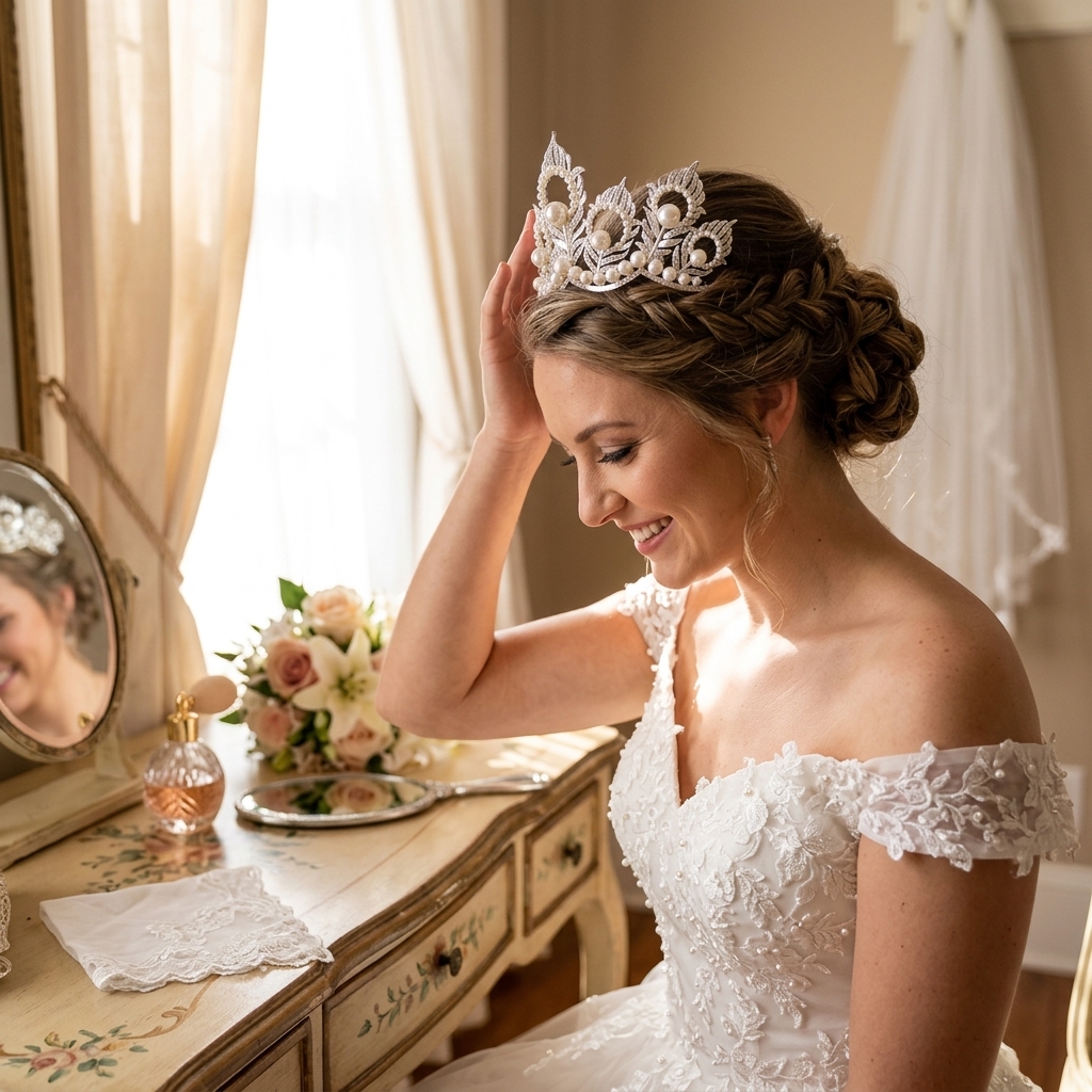 Women'S Hair Accessories Wedding - Pearl Crown Headpiece With Peacock-Feather For