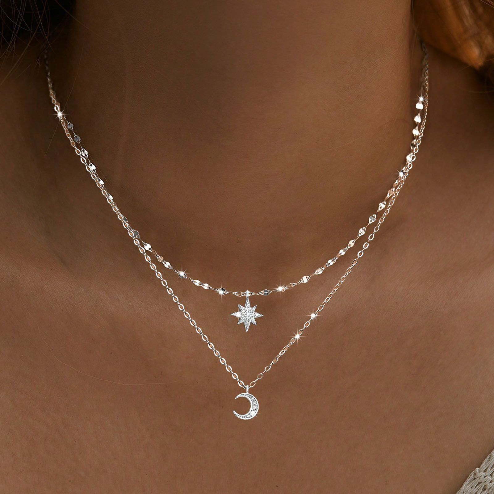 925 sterling silver moon Doubl - Layered Necklace Set のレビューと価格