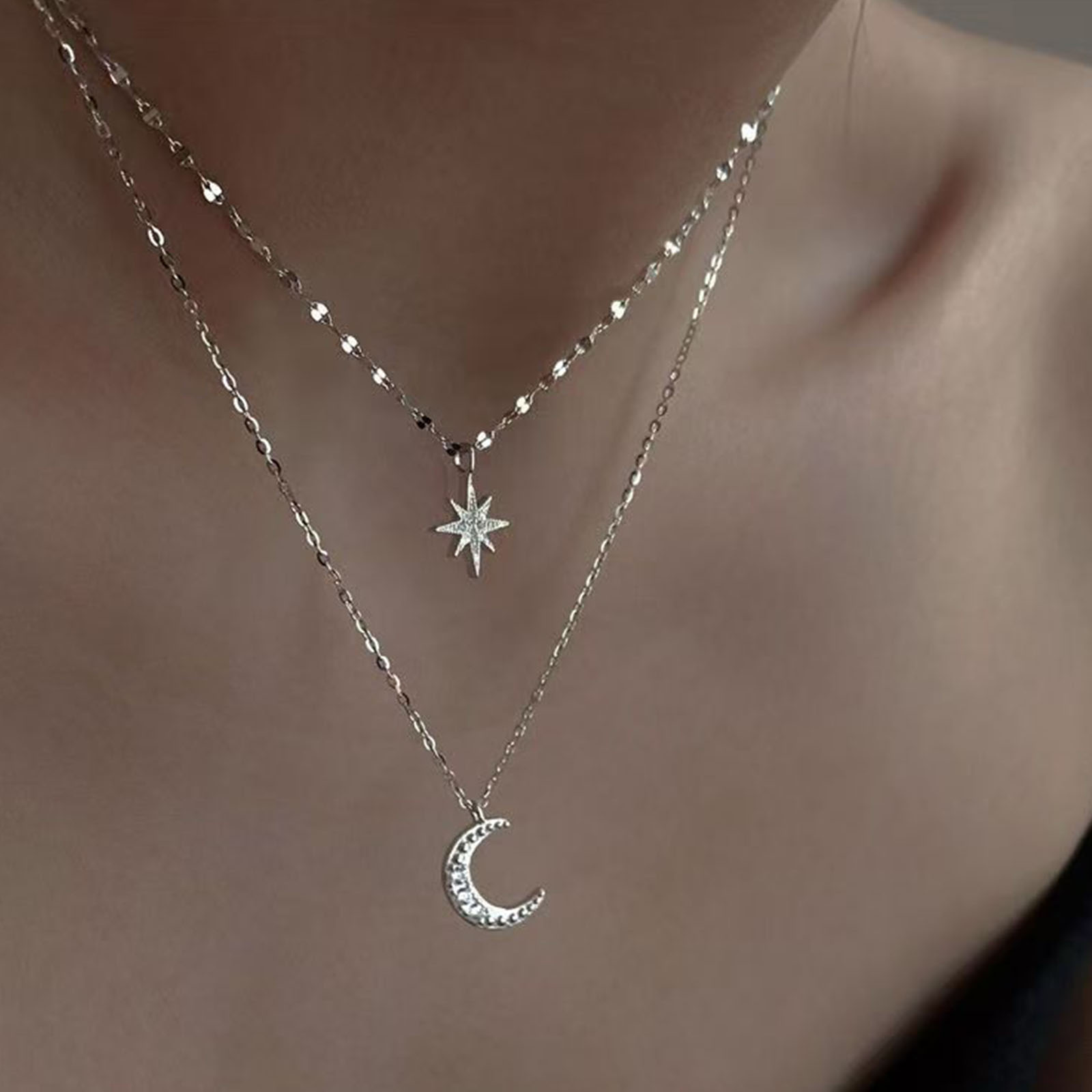 925 sterling silver moon Doubl - Layered Necklace Set のレビューと価格