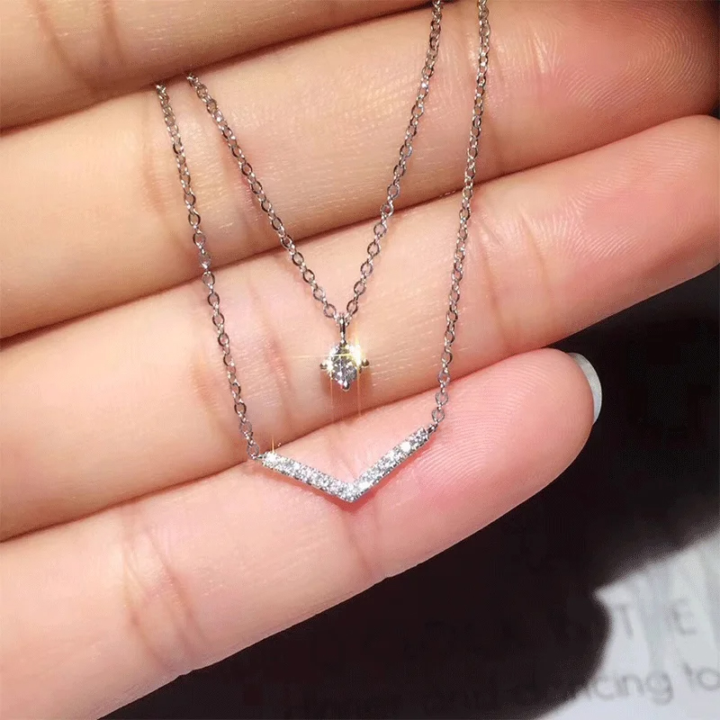 Anziw V Letter 5mm Moissanite  - Layered Necklace Set のレビューと価格